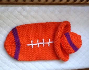 Collegiate Football in Clemson Colors hand made newborn 0-3 month Lionbrand Hometown yarn