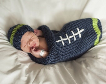 Seattle Football Baby Bunting: Hand-Knit Newborn Photo Prop