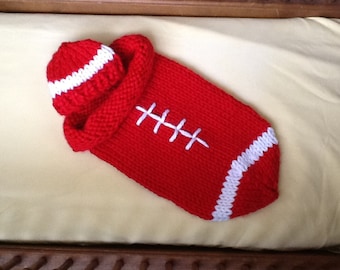 Atlanta, Bulldogs, Badgers baby football bunting hand knit Lionbrand acrylic warm n cozy