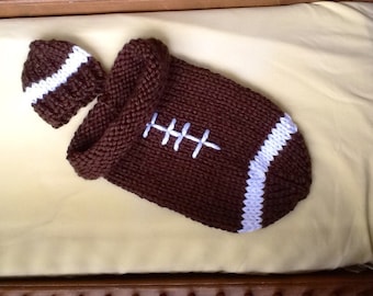 Hand knit baby cocoon bunting football and hat in proteam, or collegiate colors for baby girl or boy bulky soft yarn perfect for winter outi