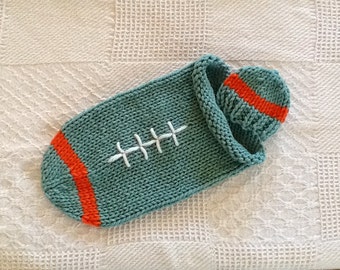 Baby bunting  cocoon newborn Miami fan 0-3 month hand knit Bernat yarn boy or girl photo op cover up.