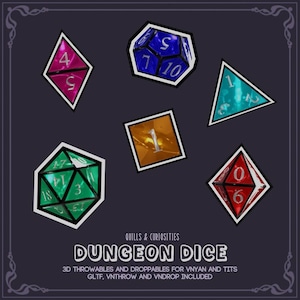 Puede incluir: Un conjunto de seis dados poliédricos multicolores de diversas formas, incluyendo un dado verde de 20 caras, uno azul de 12, uno rojo de 10, uno turquesa de 8, uno rosa de 4 y un cubo naranja. El texto dice: QUILLS & CURIOSITIES DUNGEON DICE.