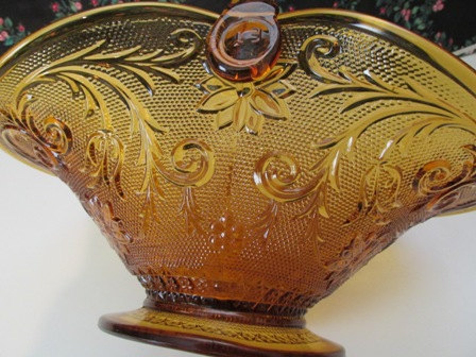 Vintage Indiana Glass Tiara Amber Sandwich Pattern Large 10 1/2 Handle