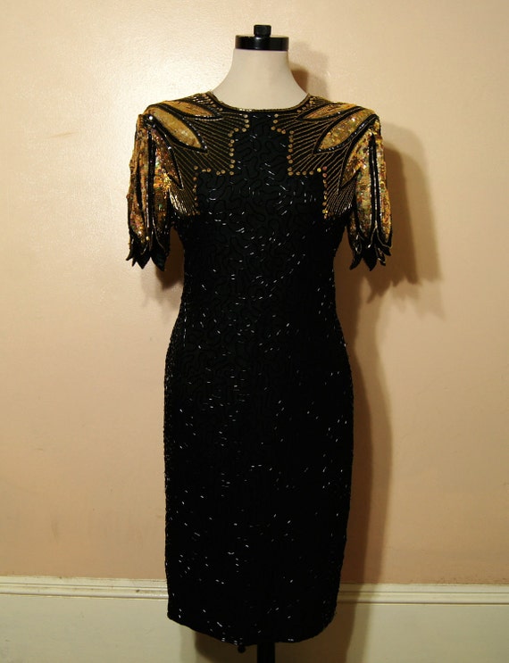 Vintage Sequin Dress Open Back Black Gold Beaded Glam Party Etsy