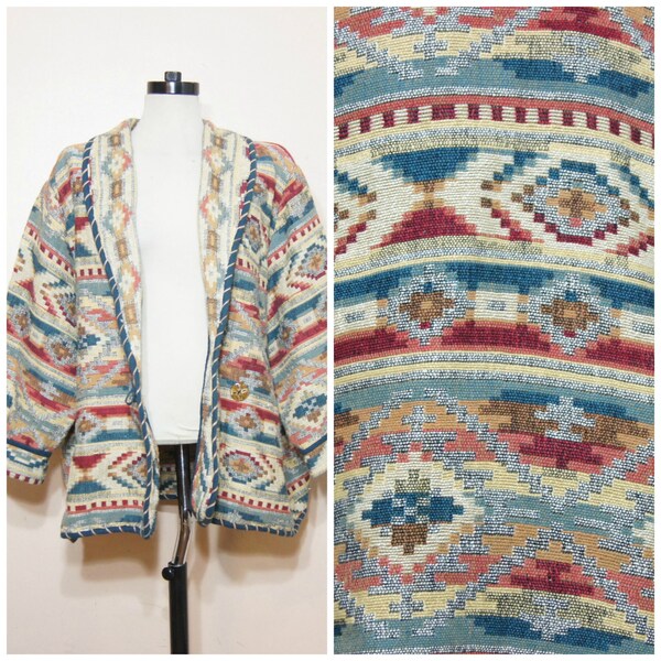90s Southwestern Tribal Jacket Blazer Cardigan Large XL Plus Size Blanket Print