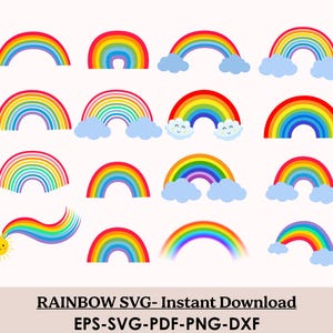 Puede incluir: Una colección de diseños de arcoíris coloridos en varios estilos, incluyendo arcoíris con nubes y un sol con una cola de arcoíris. La imagen incluye el texto "RAINBOW SVG - Instant Download" e información de tipo de archivo.