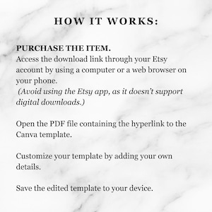 Pu&ograve; includere: Testo bianco su sfondo marmorizzato che illustra i passaggi per acquistare e utilizzare un modello digitale. Le istruzioni includono l'accesso a un link per il download tramite Etsy, l'apertura di un PDF, la personalizzazione del modello e il salvataggio.