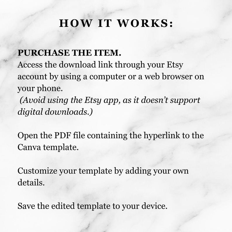 Pu&ograve; includere: Testo bianco su sfondo marmorizzato che illustra i passaggi per acquistare e utilizzare un modello digitale. Le istruzioni includono l'accesso a un link per il download tramite Etsy, l'apertura di un PDF, la personalizzazione del modello e il salvataggio.