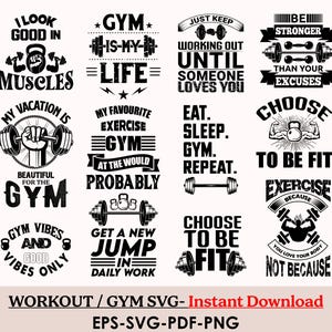 Könnte beinhalten: Eine Sammlung von schwarz-weißen Grafiken zum Thema Fitnessstudio mit motivierenden Zitaten und Phrasen. Designs beinhalten Hanteln, Kettlebells und Text wie "Gym is my life" und "Choose to be fit."