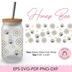 Honeybee Cup Wrap, Honey Bee Hive Glass Can Wrap, Cute Bee and Flower PNG for 16oz Libbey Glass, Libbey Glass 16oz, Bee and Daisy Print Svg