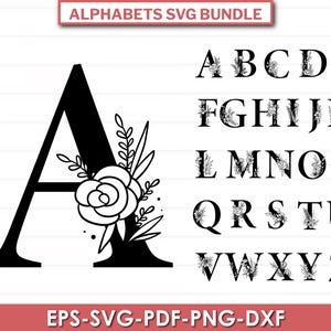 Monograma dividido com letras A-Z, alfabeto floral, letras florais SVG, arquivo de corte do alfabeto botânico, arquivos de corte de letras, letras decorativas, PDF, EPS