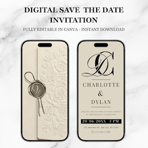 Puede incluir: Invitación digital de guardar la fecha mostrada en dos teléfonos inteligentes. El teléfono de la izquierda muestra una tarjeta color crema con relieve floral y un sello de cera plateado. El teléfono de la derecha muestra los nombres "Charlotte & Dylan".