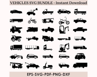 車両 SVG バンドル: 建設トラック、自動車、掘削機のクリップアート (デジタル ダウンロード)