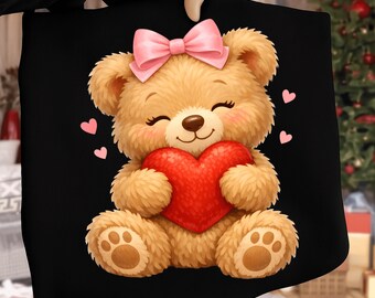 Teddy Bear Png, Coquette Valentine Bear Png, Plush Heart Bear Png, Pink Bow Love Bear Design, Cute Chunky Knit Valentine Png