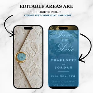 Pu&ograve; includere: Due smartphone che mostrano modelli di inviti di nozze. Il telefono a sinistra mostra un design floreale in rilievo color crema con un sigillo di cera. Il telefono a destra mostra un invito blu con il testo "Save the Date", nomi e dettagli.