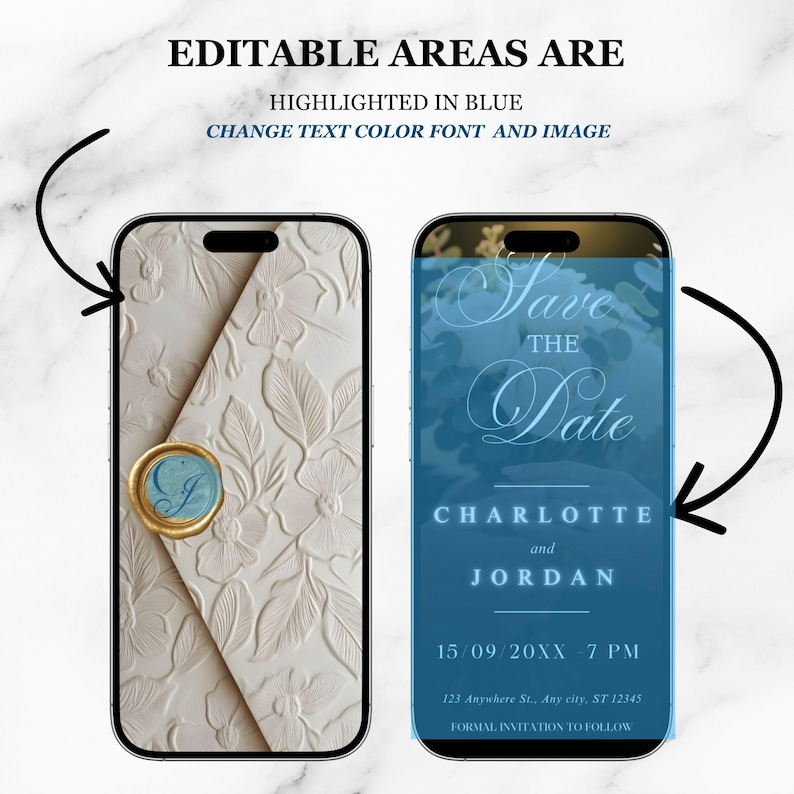 Pu&ograve; includere: Due smartphone che mostrano modelli di inviti di nozze. Il telefono a sinistra mostra un design floreale in rilievo color crema con un sigillo di cera. Il telefono a destra mostra un invito blu con il testo "Save the Date", nomi e dettagli.