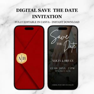 May include: Digital save the date invitation displayed on two smartphones. One phone shows a red envelope with a gold seal and initials. The other phone displays the text "Save the Date" with names, date, time, and address.