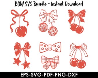Coquette Cherry Bow Clipart, Pink Watercolor Bow PNG (Digital Download)