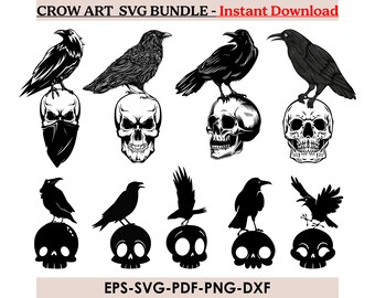 Pacchetto SVG Gothic Crow: Clipart di corvo e teschio (download digitale)