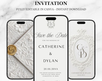 Könnte beinhalten: Drei Smartphones zeigen eine digitale "Save the Date"-Einladung. Die Bildschirme zeigen weiße Hintergründe mit geprägten Blumenmustern, ein goldenes Wachssiegel und Text, einschließlich "Save the Date", "Catherine & Dylan" und Veranstaltungsdetails.