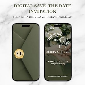 Può includere: Invito digitale di "save the date" visualizzato su due smartphone. Uno mostra una busta verde con un sigillo dorato. L'altro mostra "Save the Date" con nomi, data, ora e luogo. È visibile anche il testo "Completamente modificabile in Canva - Download istantaneo".