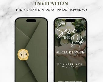 Elegante video animado para guardar la fecha, invitación con sobre revelado, plantilla de invitación electrónica de boda editable para parejas modernas