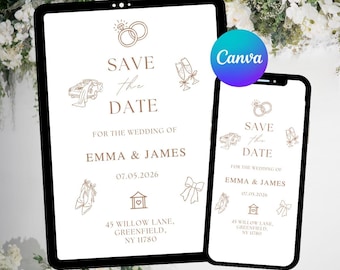 May include: A digital wedding invitation displayed on a tablet and smartphone. The invitation features the text "Save the Date" with illustrations of rings, a car, champagne glasses, shoes, and a bow. The wedding date is 07.05.2026.