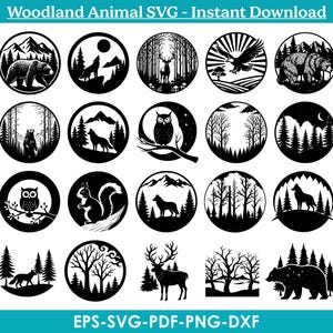 Peut inclure: Une collection de motifs d'animaux de la forêt en noir et blanc dans des cadres circulaires. Les motifs comprennent des ours, des loups, des cerfs, des hiboux et des écureuils, avec des arrière-plans de montagnes et de forêts. Le texte en haut indique "Woodland Animal SVG - Instant Download".
