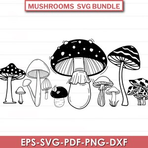 May include: A set of nine black and white mushroom illustrations. The mushrooms are in various shapes and sizes, with some having spots and others having a more simple design.
