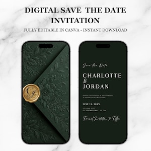 Può includere: Invito digitale di save the date visualizzato su due smartphone. Il telefono di sinistra mostra un design floreale verde scuro con un sigillo di cera dorato. Il telefono di destra mostra i dettagli del matrimonio.