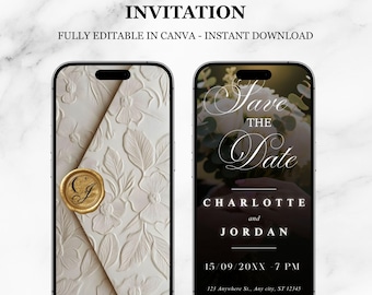 Elegante video animado para guardar la fecha, invitación con sobre revelado, plantilla de invitación electrónica de boda editable para parejas modernas