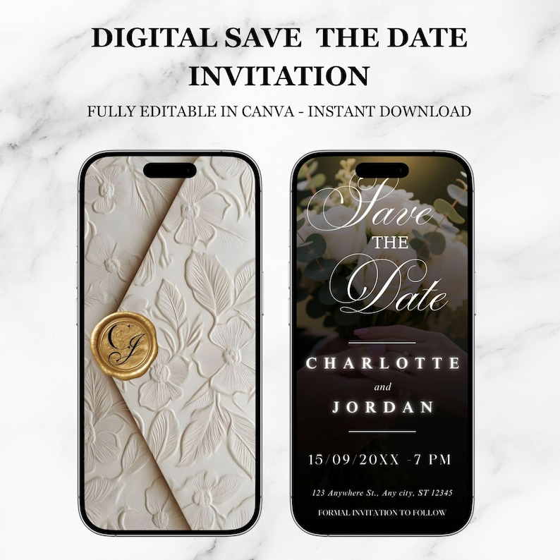 Pu&ograve; includere: Invito digitale di salva la data visualizzato su due smartphone. Uno mostra un design floreale in rilievo con un sigillo di cera dorata. L'altro mostra "Save the Date" con nomi e data. Completamente modificabile in Canva.
