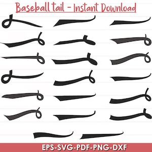 Pode incluir: Uma coleção de designs de cauda de beisebol pretos em várias formas e tamanhos. O texto "Baseball tail - Instant Download" é exibido na parte superior e "EPS-SVG-PDF-PNG-DXF" na parte inferior.