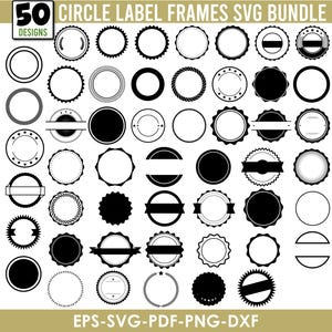 Könnte beinhalten: Eine Sammlung von 50 schwarz-weißen Kreis-Label-Rahmen-Designs. Die Designs umfassen verschiedene Formen, wie z. B. Vollkreise, gewellte Kanten und Rahmen mit Textbannern. Der Text "CIRCLE LABEL FRAMES SVG BUNDLE" und "50 DESIGNS" ist ebenfalls enthalten.
