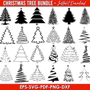 Può includere: Una collezione di disegni di alberi di Natale in bianco e nero. L'immagine include il testo "CHRISTMAS TREE BUNDLE - Instant Download" e "EPS-SVG-PDF-PNG-DXF". Gli alberi variano in stile, dai semplici contorni alle illustrazioni dettagliate.