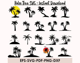 Paquete de imágenes SVG de palmeras, imágenes prediseñadas tropicales (descarga digital)