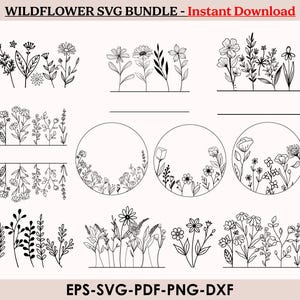 Puede incluir: Paquete SVG de flores silvestres en blanco y negro con varios diseños florales, que incluyen ilustraciones lineales de ramos, coronas y flores individuales. El texto "WILDFLOWER SVG BUNDLE - Instant Download" está en la parte superior y "EPS-SVG-PDF-PNG-DXF" en la inferior.