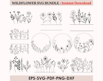 Pacote SVG de flores silvestres, molduras de monogramas com nomes de plantas botânicas florais, SVG dividido de flores silvestres, moldura de monograma, molduras florais SVG, guirlanda de flores
