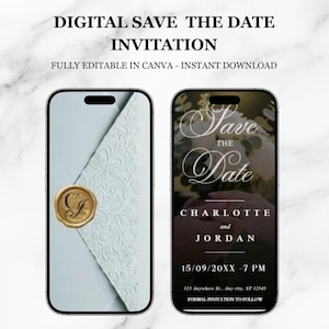 Peut inclure: Invitation numérique "save the date" affichée sur deux smartphones. L'un affiche une invitation bleu clair avec un sceau de cire doré. L'autre affiche une invitation noire avec des motifs floraux et le texte "Save the Date".