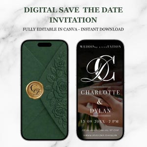 May include: Digital save the date invitation displayed on two smartphones. One shows a dark green envelope with a gold seal and floral embossing. The other displays a wedding invitation with names, date, and time.