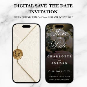 Könnte beinhalten: Digitale Save-the-Date-Einladung, angezeigt auf zwei Smartphones. Eines zeigt einen cremefarbenen Umschlag mit floralem Design und goldenem Wachssiegel. Das andere zeigt "Save the Date" mit Namen und Datum.