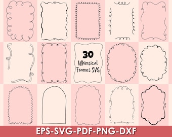 Könnte beinhalten: Ein Set mit 30 skurrilen schwarzen und weißen Rahmen-SVGs. Die Rahmen sind handgezeichnet und haben eine Vielzahl von Formen und Stilen. Der Text "30 Whimsical Frames SVG" befindet sich in der Mitte des Bildes.