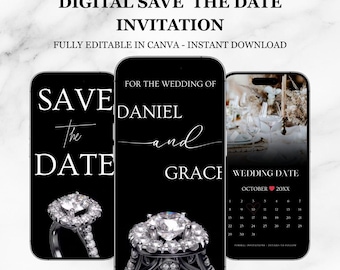 May include: Digital save the date invitation design. The design features three smartphone screens with a black background. The text includes "SAVE The DATE", "FOR THE WEDDING OF DANIEL and GRACE", and a wedding date calendar. A diamond ring is featured.