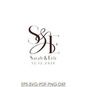 May include: A brown monogram design featuring the intertwined letters "S" and "E", with the names "Sarah & Eric" and the date "12.12.2024" beneath. The design is on a white background, with file type options at the bottom.