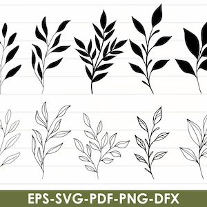 Puede incluir: Conjunto de diez imágenes en silueta negra y blanca de varias ramas de hojas. Las ramas están estilizadas y tienen un diseño simple y elegante.