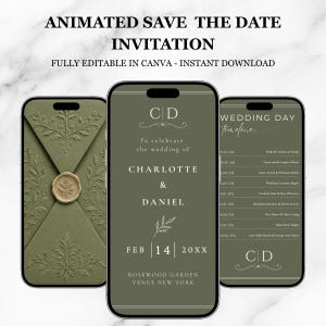 Pode incluir: Três smartphones exibindo um convite de casamento animado em verde oliva. As telas mostram um envelope com um selo de cera, um convite formal para Charlotte e Daniel em 14 de fevereiro de 20XX e uma linha do tempo do dia do casamento.