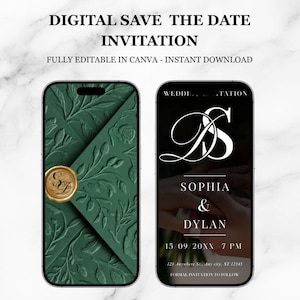 Könnte beinhalten: Digitale Save-the-Date-Einladung, angezeigt auf zwei Smartphones. Ein Telefon zeigt einen dunkelgrünen, geprägten Umschlag mit einem goldenen Siegel. Das andere zeigt einen schwarzen Hintergrund mit weißem Text, einschließlich Namen und Datum.