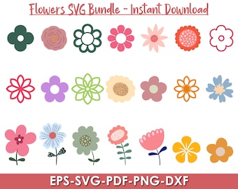 May include: A collection of colorful flower designs in various shapes and colors, including pink, green, and yellow. The text "Flowers SVG Bundle - Instant Download" is at the top, with "EPS-SVG-PDF-PNG-DXF" at the bottom.