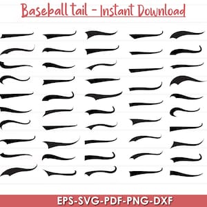 May include: A collection of black baseball tail designs in various shapes and sizes, arranged on a white background. The text "Baseball tail - Instant Download" is at the top, and "EPS-SVG-PDF-PNG-DXF" is at the bottom.
