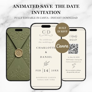Elegancki animowany film z zaproszeniem Save-the-Date, zaproszenie z kopertą, strona internetowa RSVP, kod QR, edytowalny szablon zaproszenia ślubnego dla nowoczesnych par